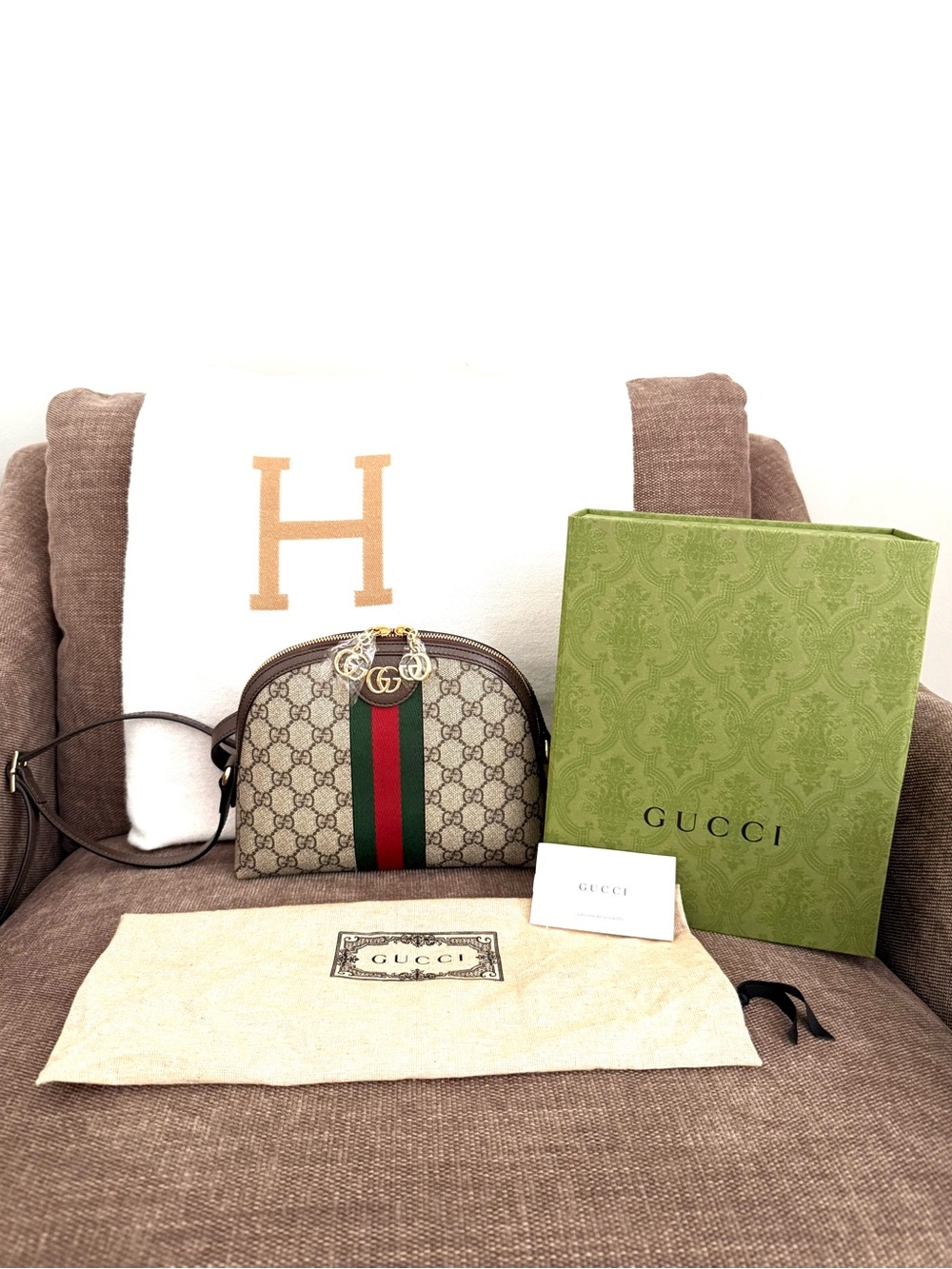 Gucci authentic brown monogram supreme canvas Ophedia Dome crossbody bag leather